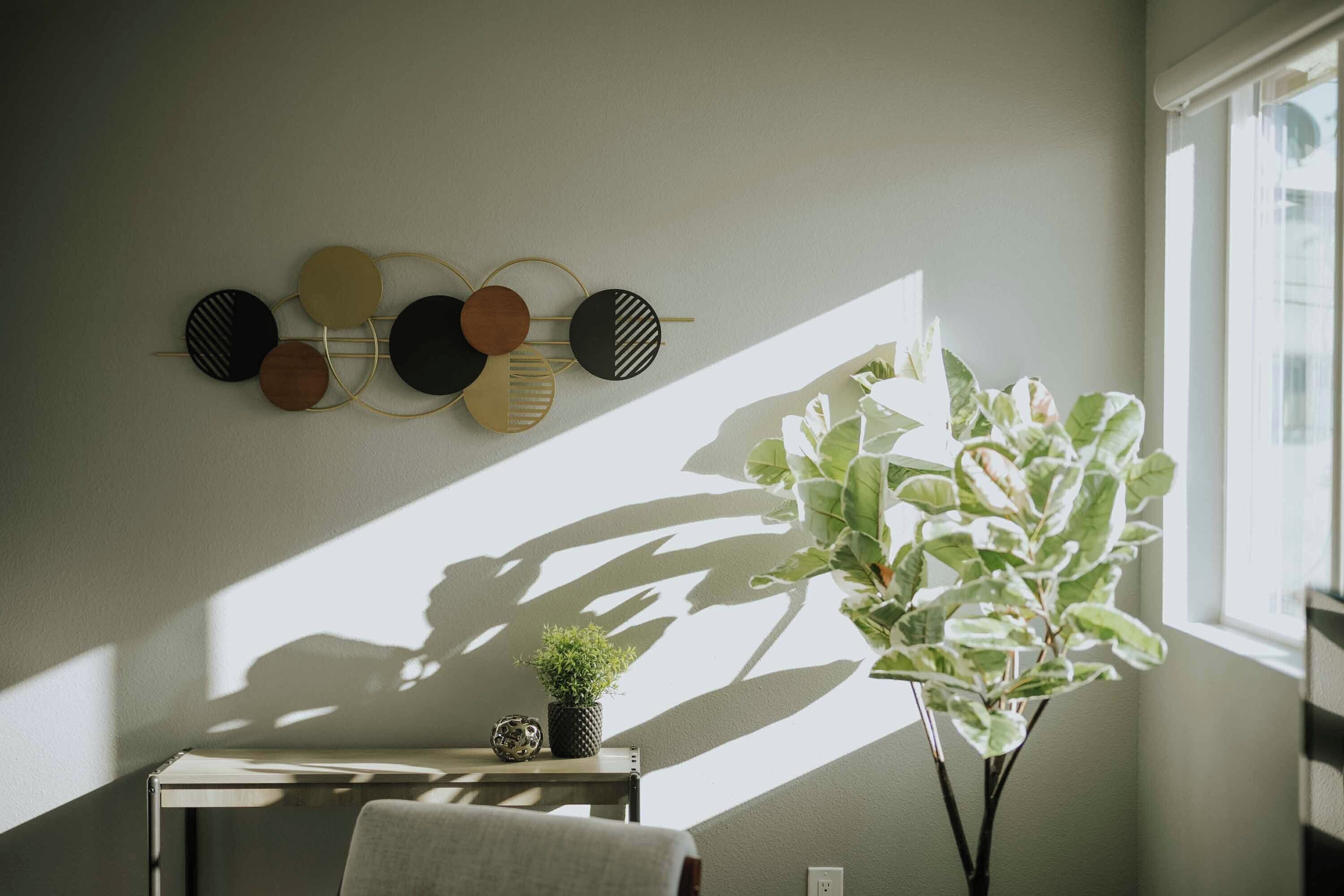 A room with a wall-mounted decorative piece, a small table with a potted plant, and a window casting shadows.