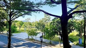 Rua arborizada com céu claro, caminho para pedestres e estrada com setas indicativas.
