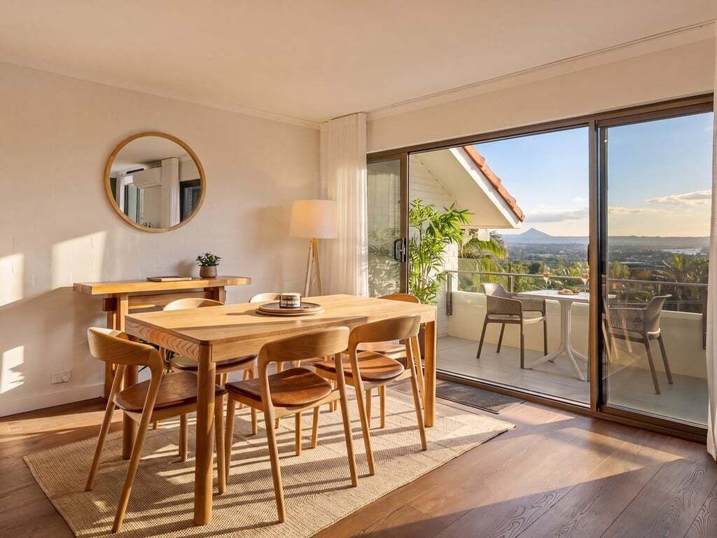 Un coin repas avec une table et des chaises en bois, un miroir rond accroché au mur et une vue sur un balcon aménagé avec du mobilier d’extérieur.