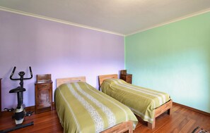 A bedroom with two single beds, a wooden floor, a wall-mounted exercise bike, and a small wooden cabinet. - Stunning home in Arten with house a panoramic view (Arten)