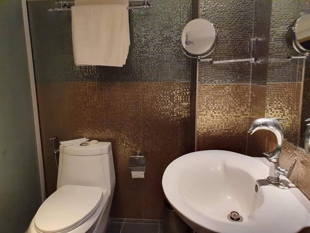 A bathroom with a toilet, sink, and a shower area.