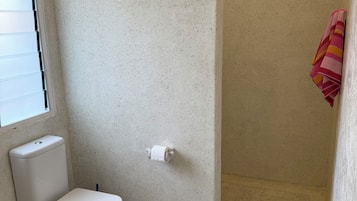 Een badkamer met toilet, douche en een vloermat met dessin.