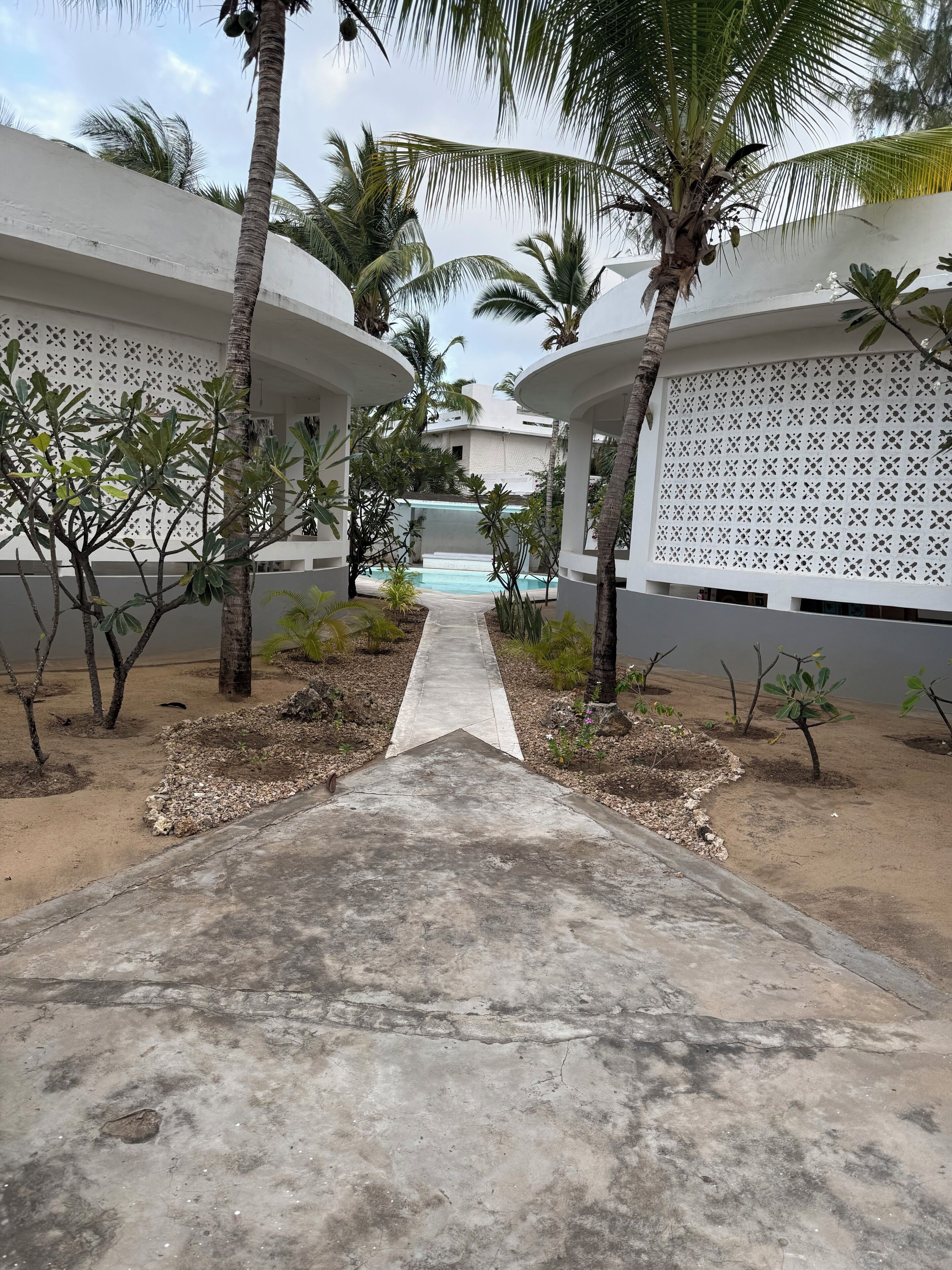A pathway leading to a pool area with palm trees and a white building with a lattice facade.
