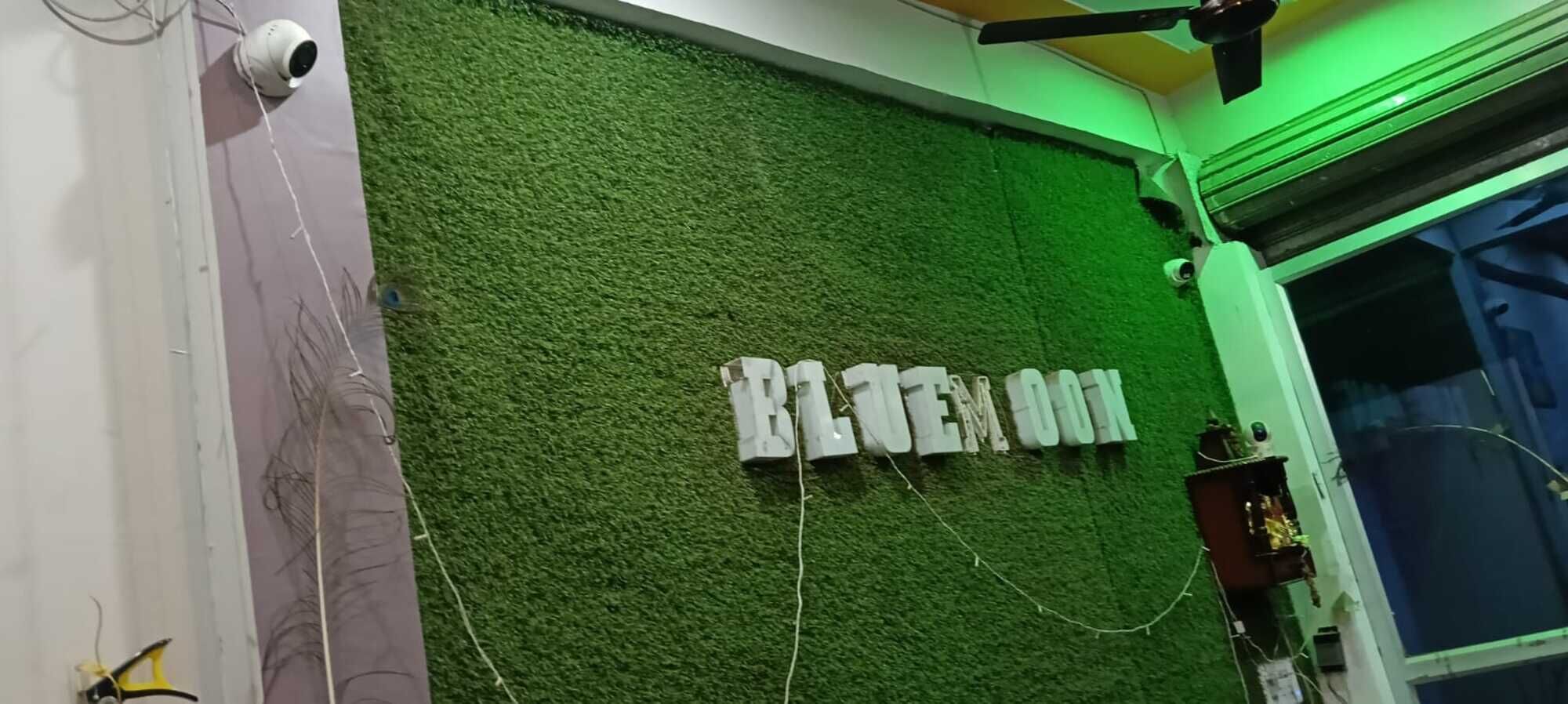 Pared con superficie verde texturizada y el texto 'BLUE ROOM' en letras blancas.