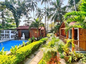Un área de piscina con terraza de madera, rodeada de exuberante vegetación y palmeras.