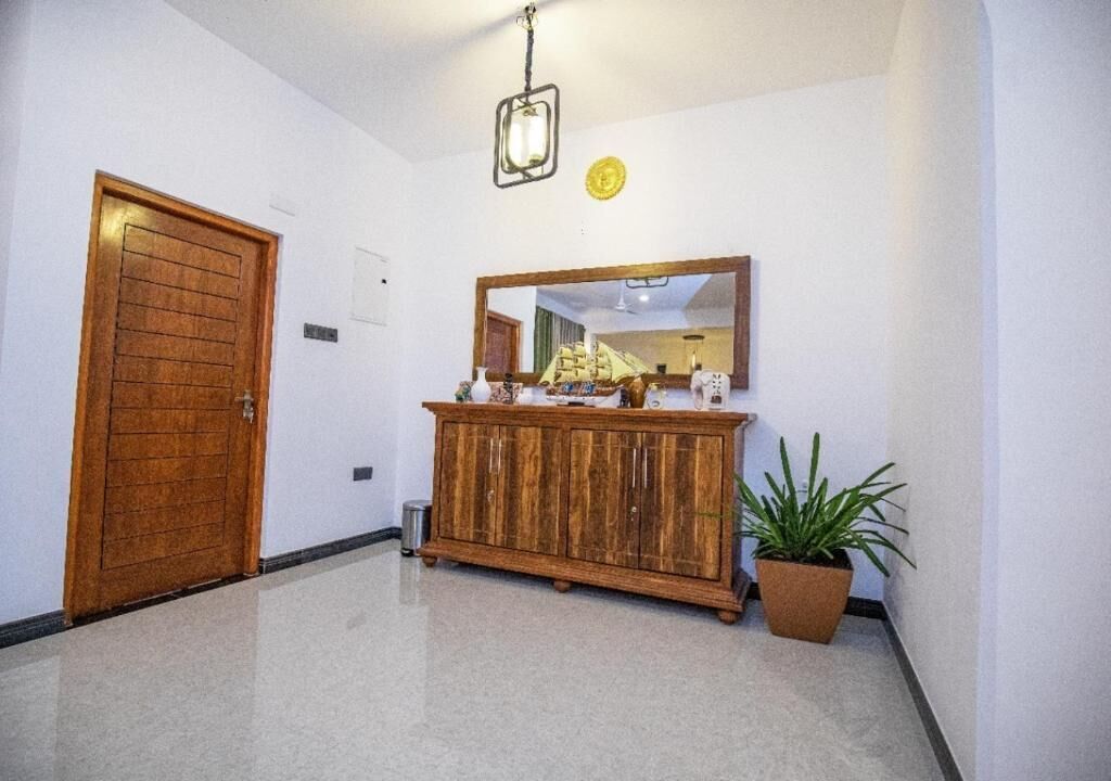 Un couloir avec une porte en bois, une armoire contenant des objets décoratifs, un miroir et une plante en pot.