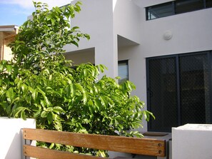 A modern building with a large window and a metal fence.