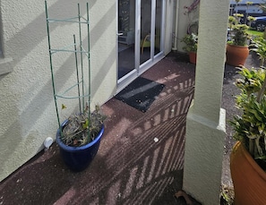 A balcony with a potted plant, a metal trellis, and a sliding glass door.