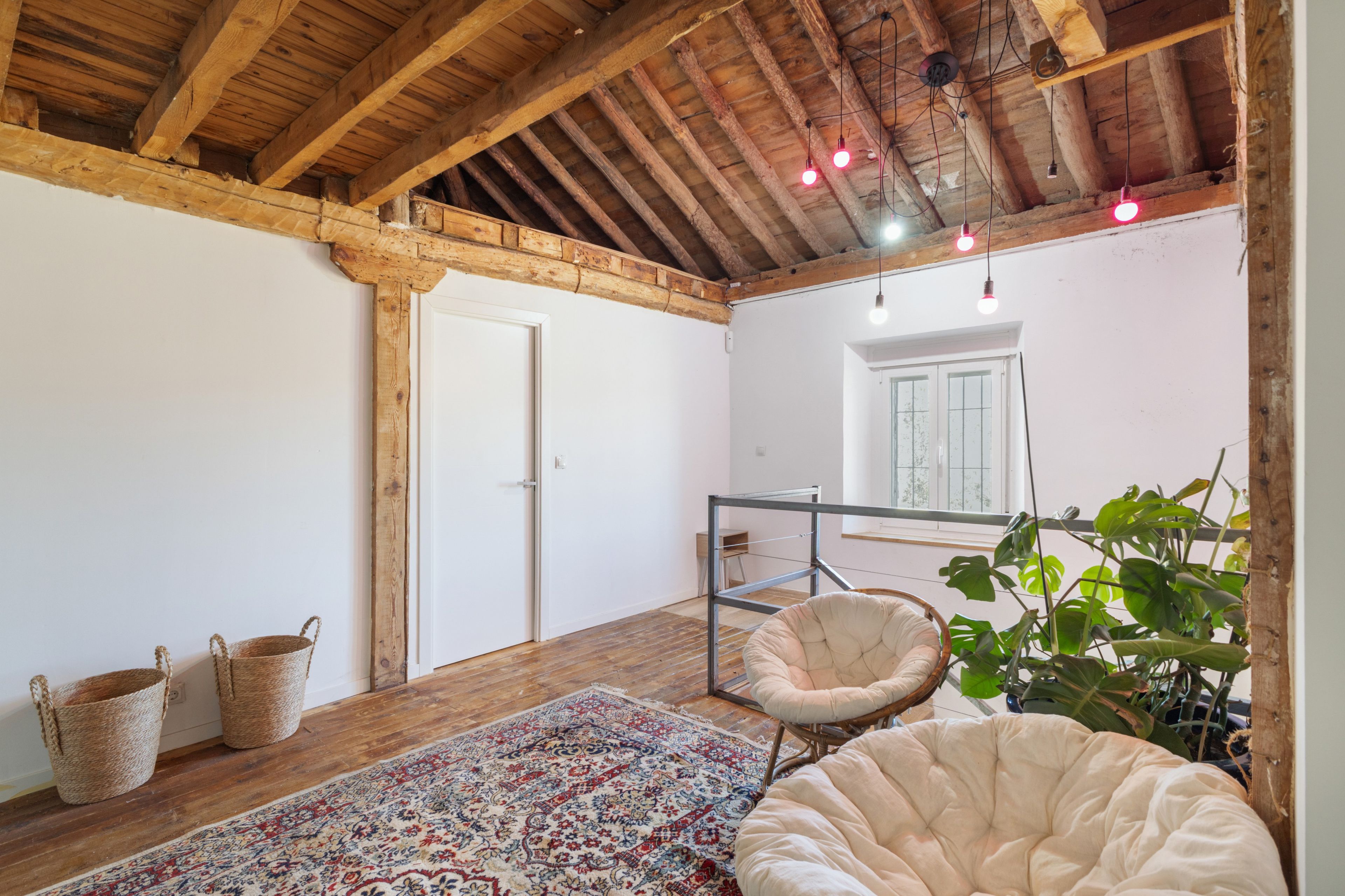 Une pièce rustique avec des poutres apparentes, une porte blanche, un fauteuil suspendu, un tapis à motifs et une plante en pot.
