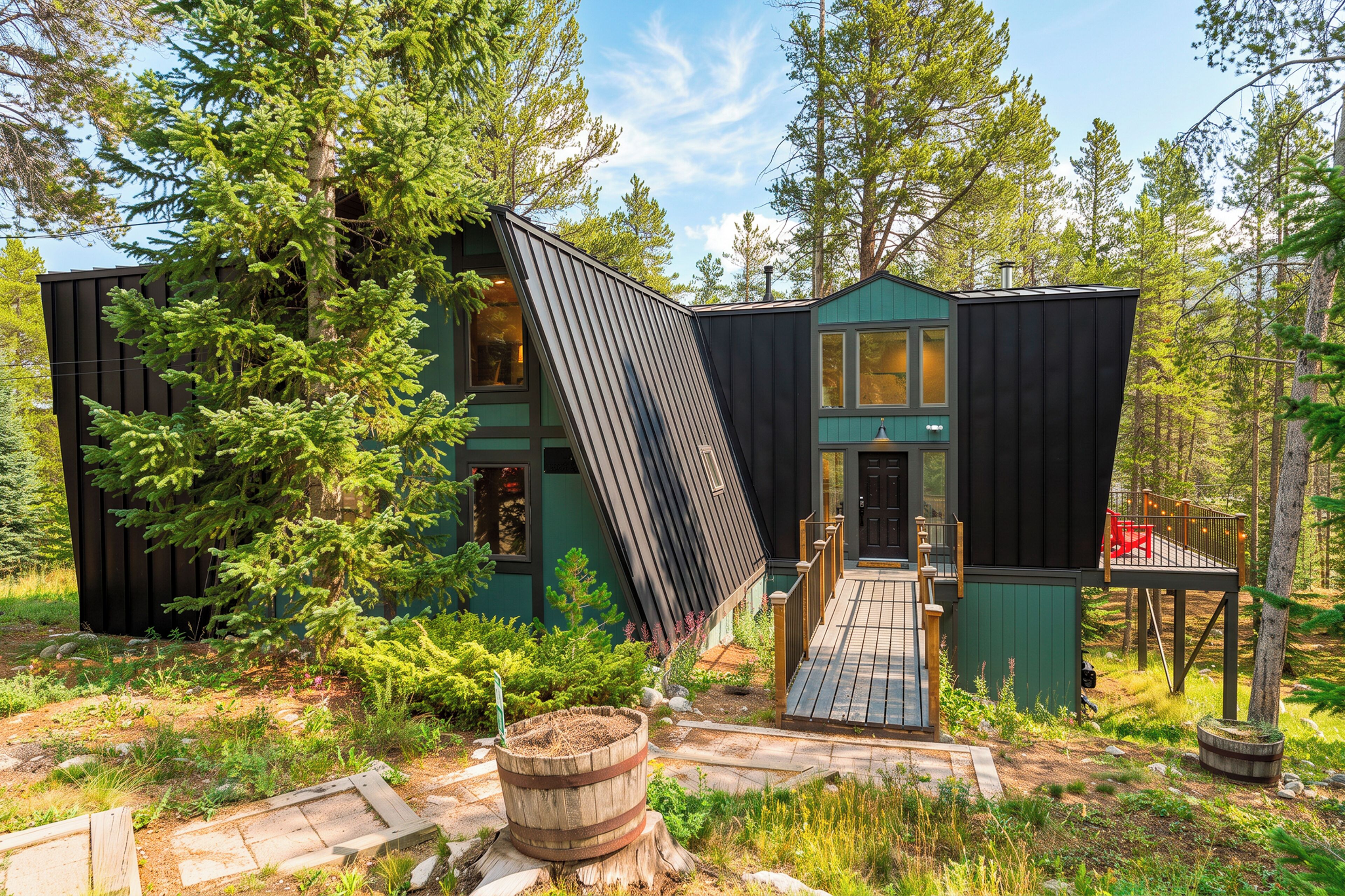 A modern cabin with a sloped roof, surrounded by dense forest.