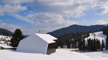 A snow-covered wooden cabin with a sloped roof, surrounded by a snowy landscape and a mountain range in the background.