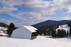 A snow-covered wooden cabin with a sloped roof, surrounded by a snowy landscape and a mountain range in the background.