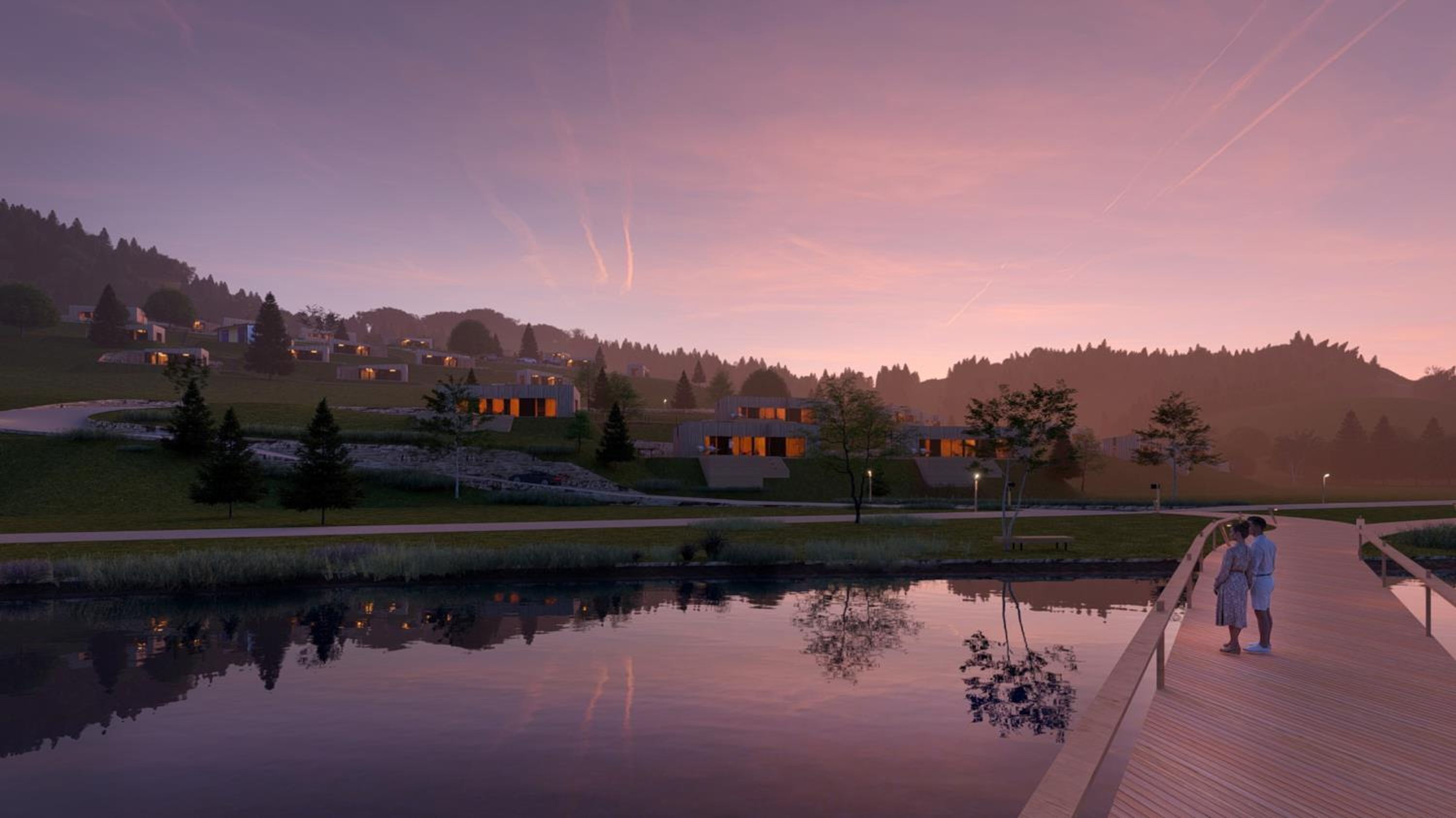 A serene lakeside setting with modern architecture, a wooden boardwalk, and a calm water body reflecting the surroundings.
