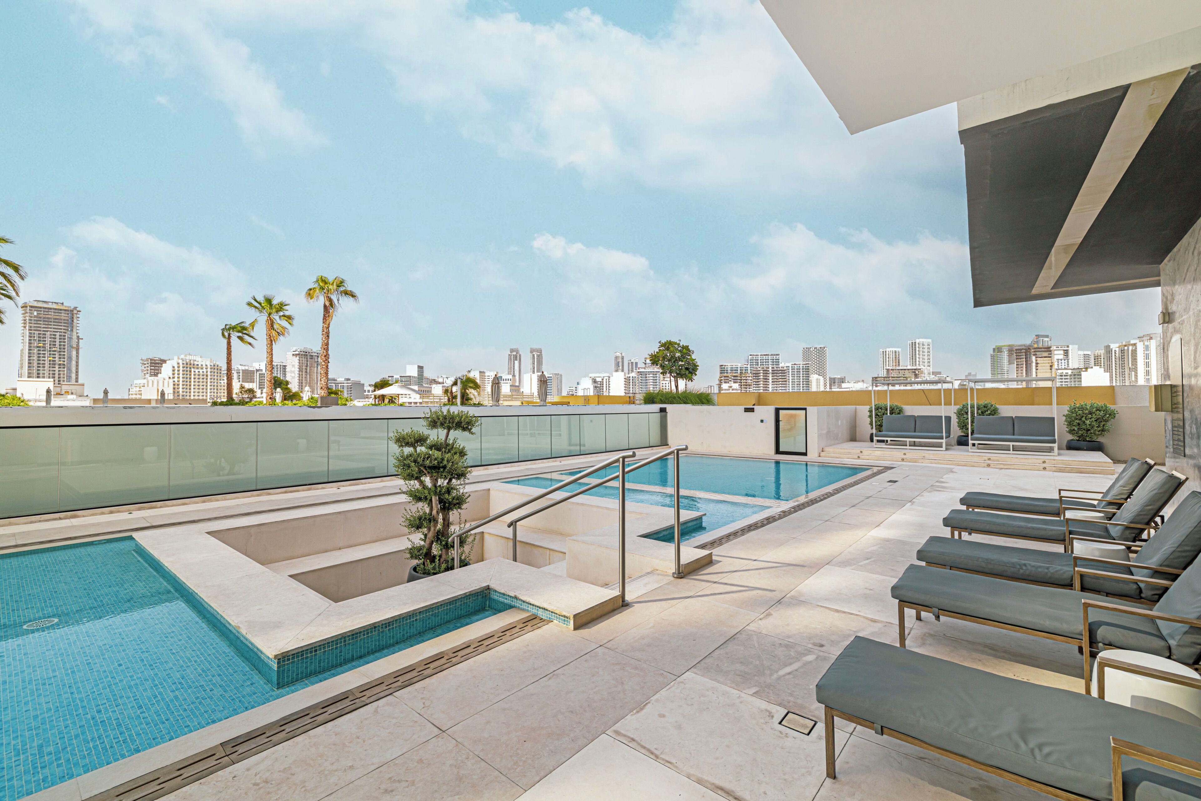 A rooftop pool area with a city skyline view, lounge chairs, and a small palm tree.