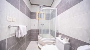 Combined shower/bathtub, towels, soap, shampoo