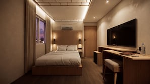 A modern hotel room with a bed, desk, and TV. - Restia Gimhae Jangyu (Gimhae)