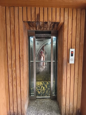 An elevator with a digital display showing the number 4, wooden paneling on the walls, and a patterned floor. - HOTELPALASH (Danapur)