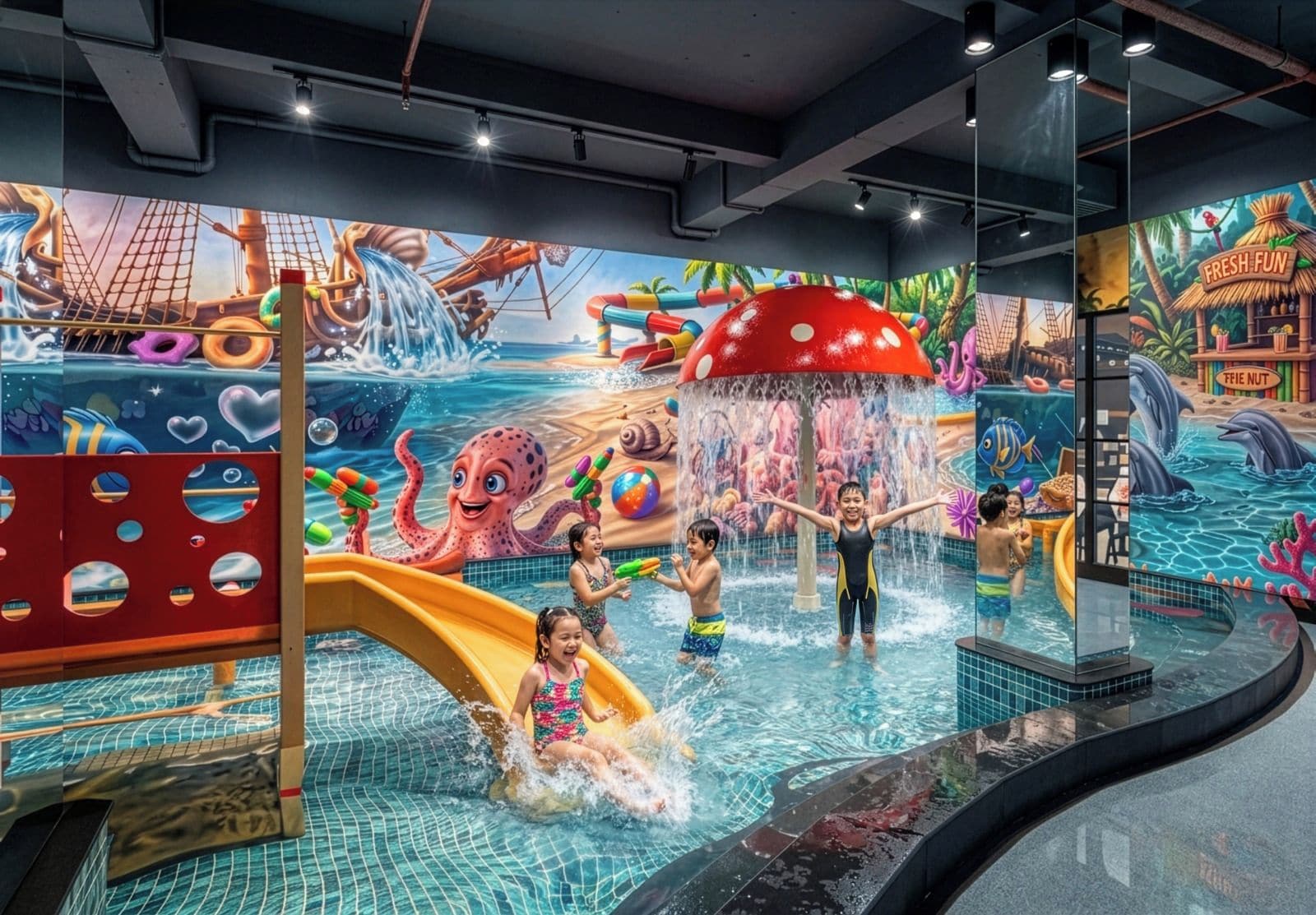 Un parque acuático interior con toboganes, zonas de juegos acuáticos y un mural con motivos marinos y vida marina.