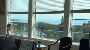 A room with large windows, a sofa, two chairs, and a small table with a plant.