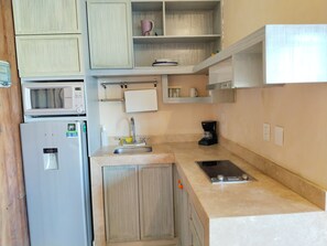 A compact kitchen with a built-in microwave, a refrigerator, a sink, a coffee maker, and a small countertop. - Dpto 1rec PH polo 15 (Playa del Carmen)