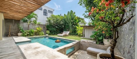 Una piscina con una pérgola de madera sobre ella, rodeada de plantas en macetas y un pequeño espacio de descanso.