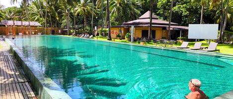 A swimming pool with clear water, surrounded by palm trees and a wooden deck.