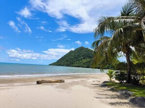 A beach with clear skies, calm waters, and a lush green hill in the background.