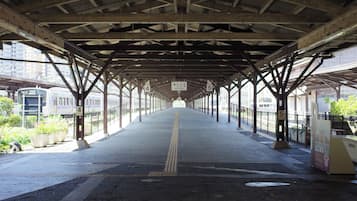 A covered pedestrian walkway with a central path marked by tactile paving.
