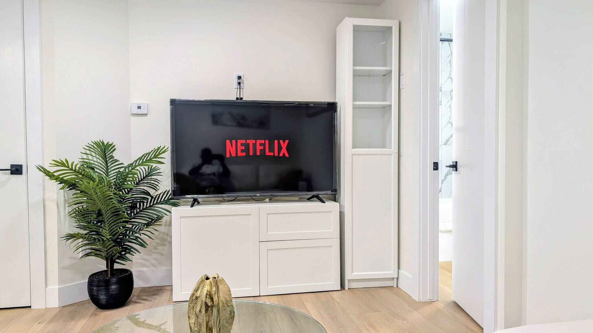 Un salon moderne avec un téléviseur à écran plat affichant le logo de Netflix, une plante en pot, une table basse en verre et un meuble de rangement blanc pour appareils multimédias.