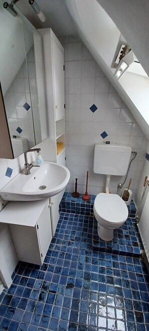 Douche, sèche-cheveux, serviettes fournies, savon