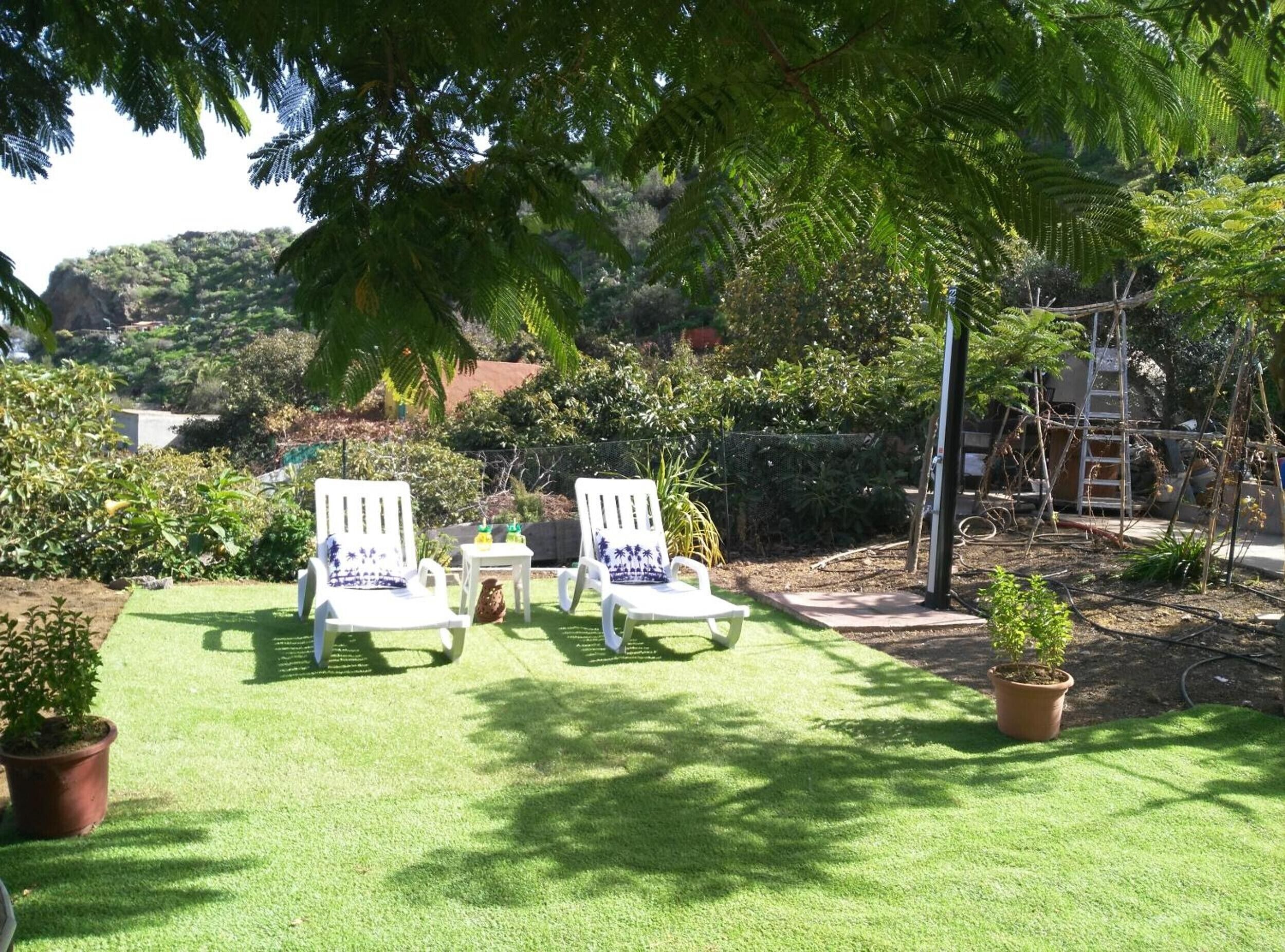 Un jardin avec deux chaises blanches, une petite table et des plantes en pot.