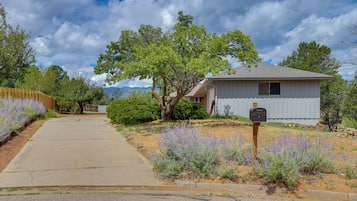 A residential property with a paved driveway, a mailbox, and a small house with a sloped roof.