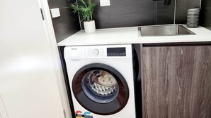 Ein kleiner Waschbereich mit Waschmaschine, Spüle und einer Topfpflanze.