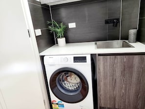 A compact laundry area with a washing machine, a sink, and a potted plant. - Modern Luxury Living House (Fawkner)