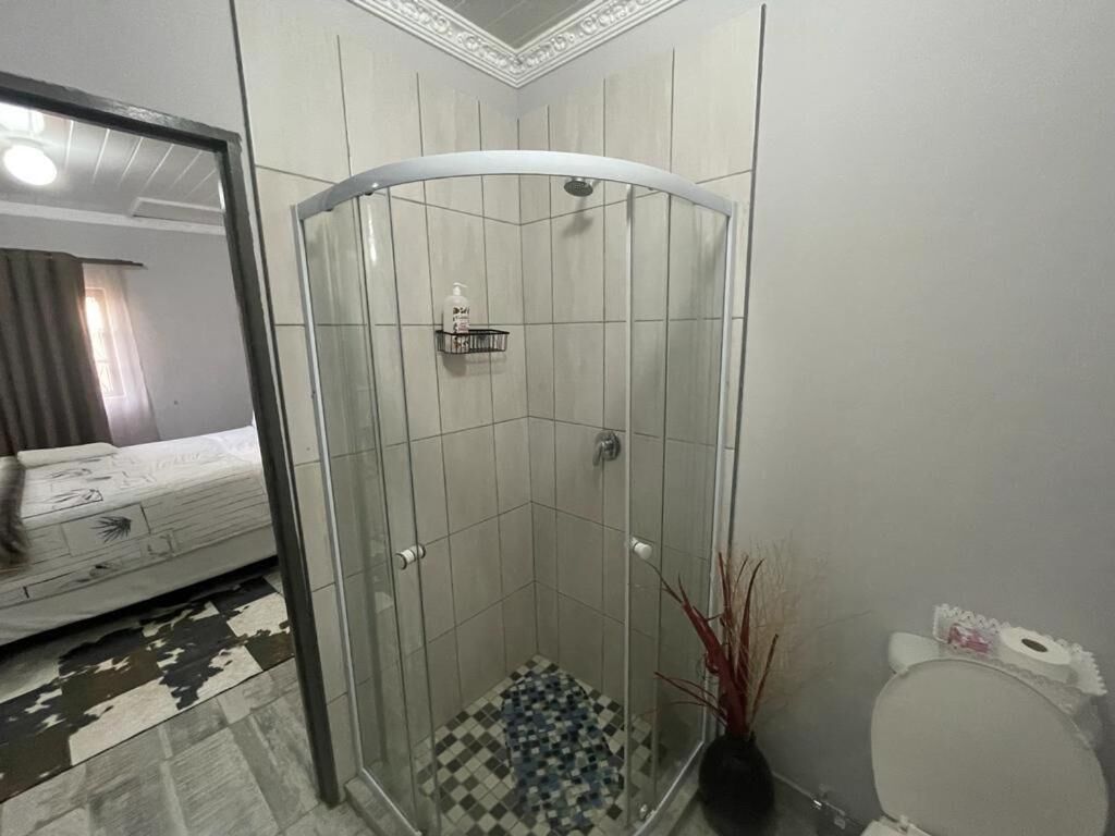 A bathroom with a glass-enclosed shower, a toilet, and a bed in the adjacent room.