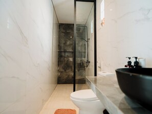 Un baño moderno con cabina de ducha de vidrio, inodoro blanco y un lavamanos grande negro.