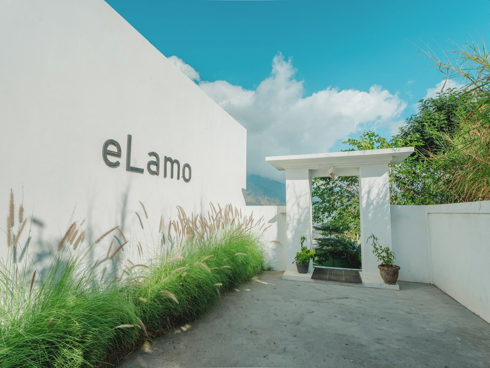 Un edificio blanco con el texto 'eLamo' en la fachada, un sendero de concreto que lleva a un arco blanco, y un pequeño jardín con plantas en macetas.