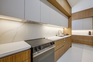 A modern kitchen with a built-in stove, oven, and a stainless steel sink. - Modern McAllen Townhome: 4 Mi to Dtwn (McAllen)