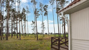 En træhytte med veranda, omgivet af en skov med høje træer og en græsmark.