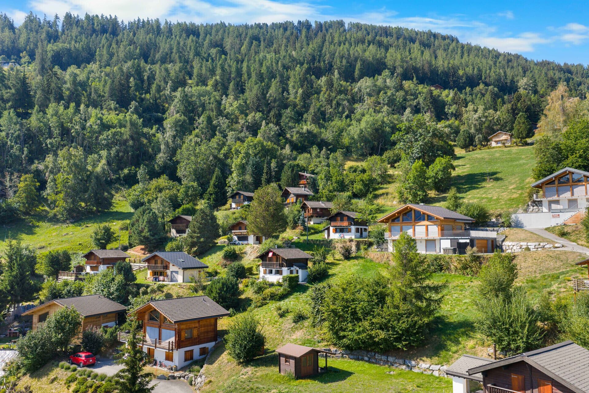 A cluster of wooden houses on a hillside with a forested backdrop.