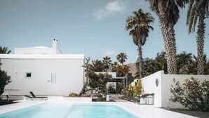 Un edificio moderno e bianco con una piscina, circondato da palme e altra vegetazione.