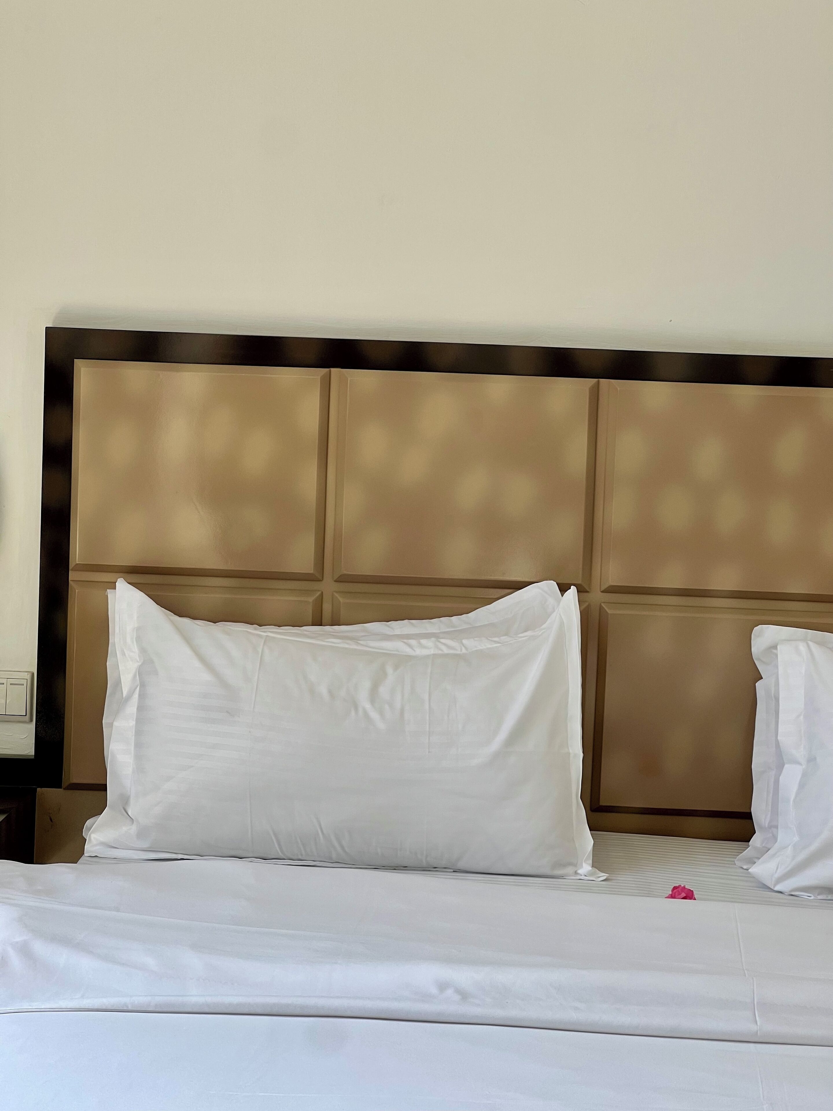 Habitación de hotel con cama, ropa de cama blanca y cabecera con diseño de panel.