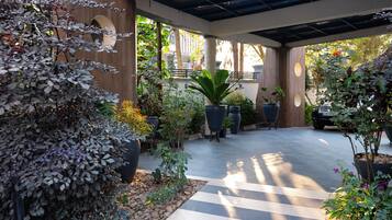 A covered outdoor area with potted plants and a striped floor.