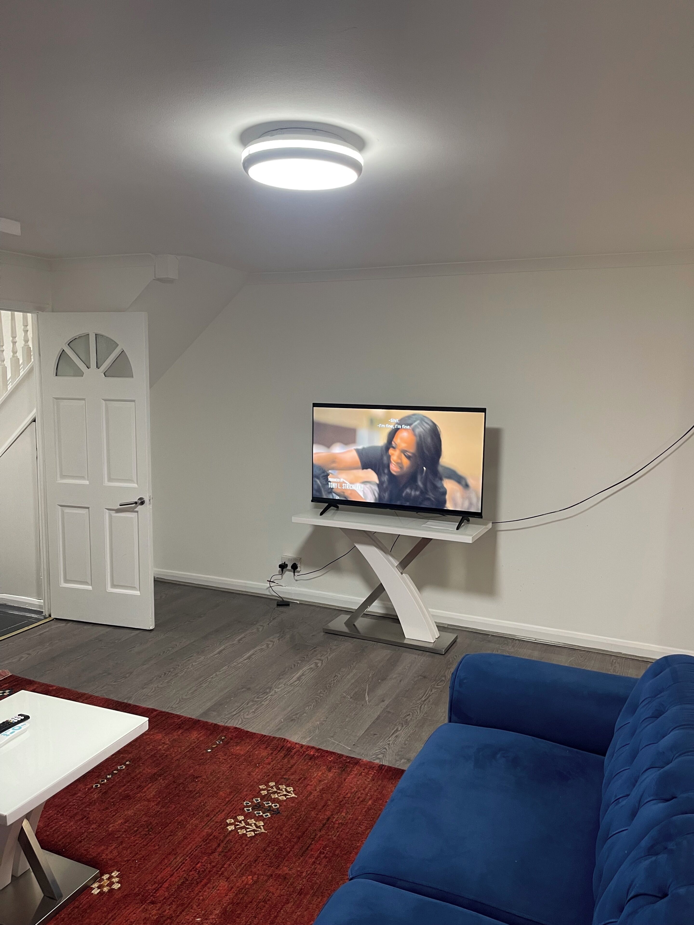 En stue med et fjernsyn på et stativ, en blå sofa og en hvid dør.