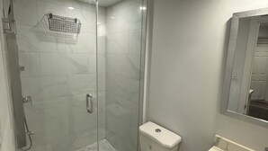 A bathroom with a glass-enclosed shower, a toilet, and a sink.