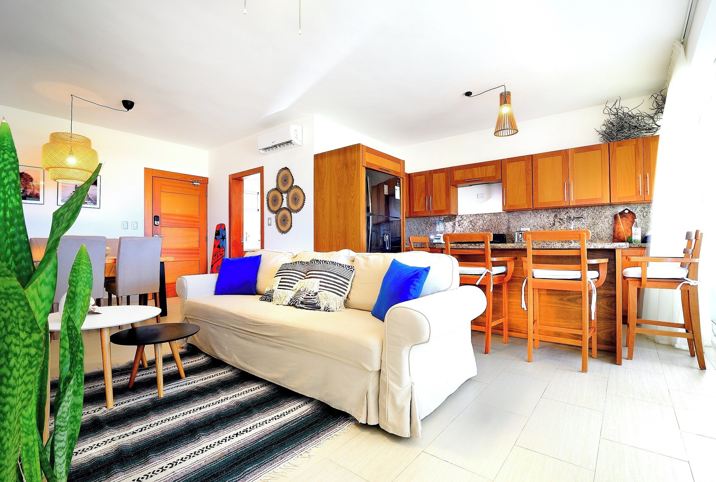 A modern living room with a sofa, a dining area with wooden chairs, a kitchen with wooden cabinets, and a large plant.