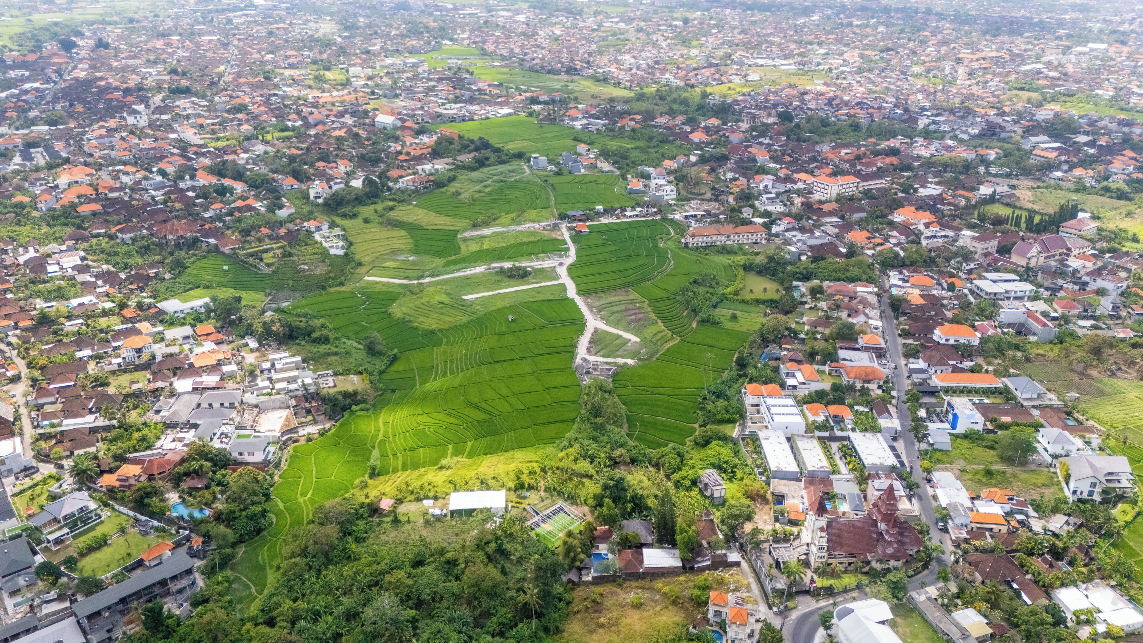 Vue aérienne d’un quartier résidentiel avec des maisons, des champs verdoyants et une route sinueuse.