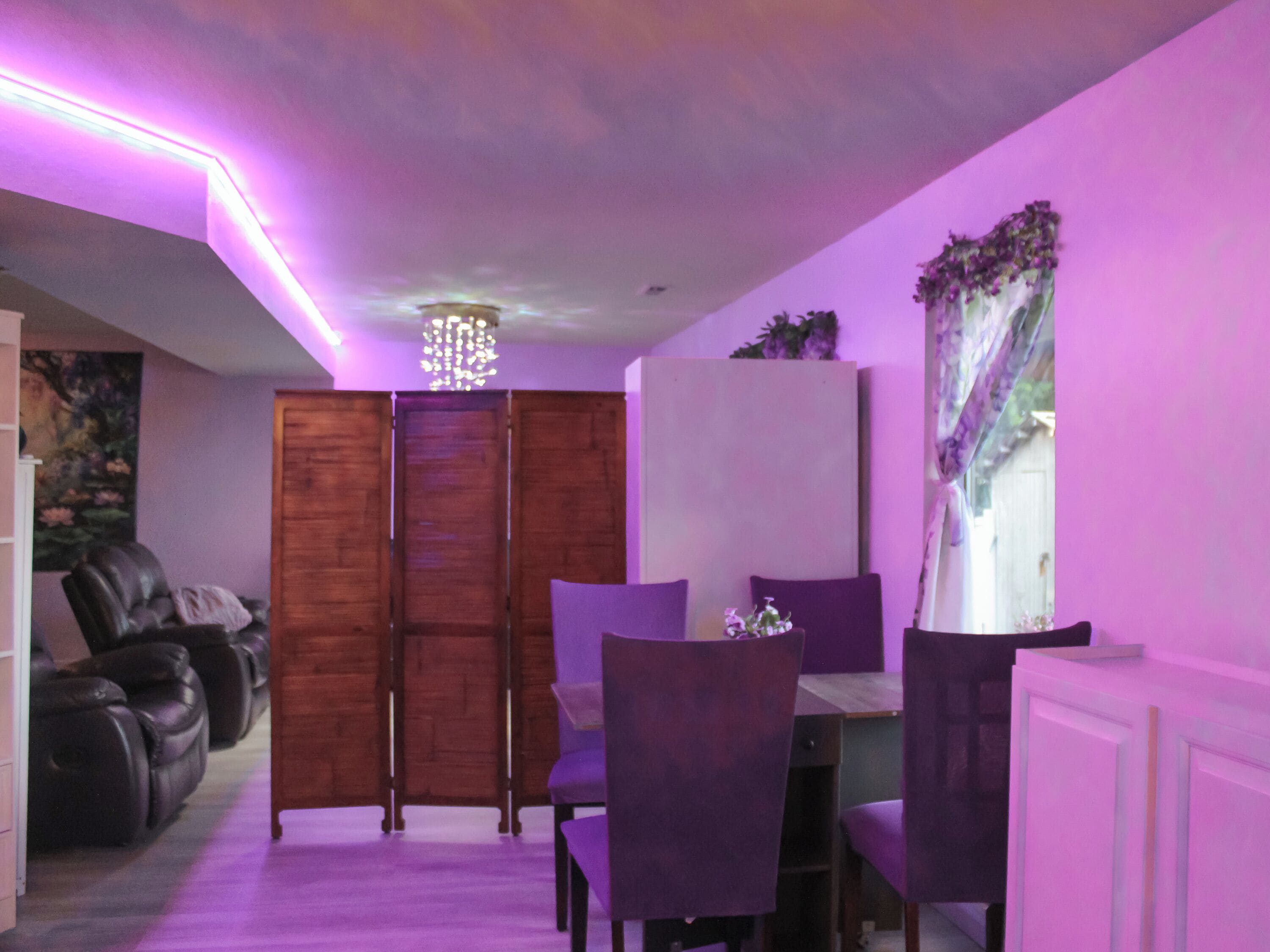 A dining area with a table and chairs, a wooden cabinet, and a purple-lit ceiling.
