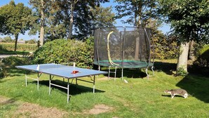 Ein Tischtennisständer und ein Trampolin in einer grünen Außenanlage mit Bäumen und Büschen.