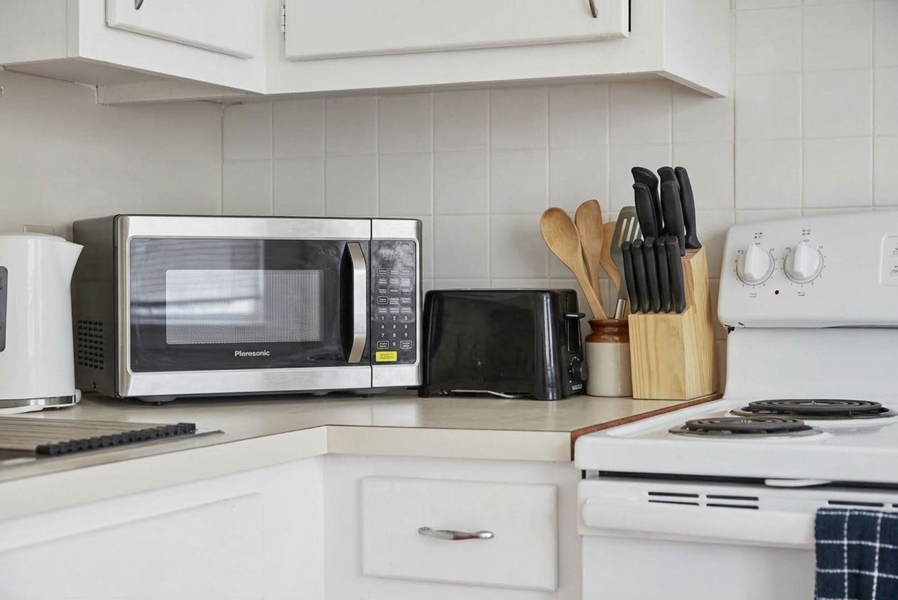 Eine Küche mit Mikrowelle, Toaster und Herd.